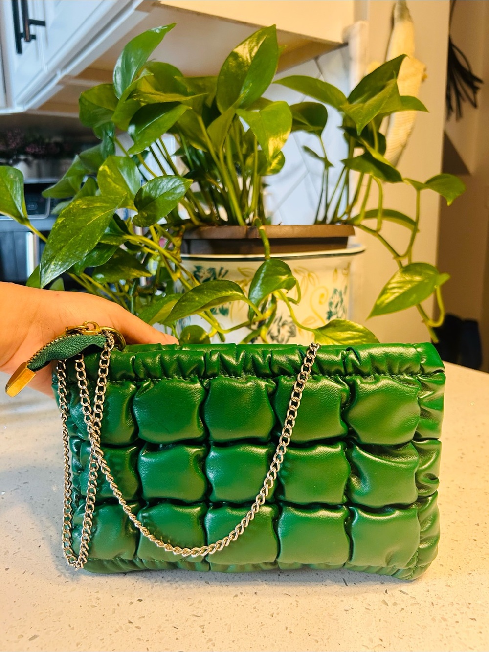 Emerald Quilted Chain-Handle Wristlet Clutch